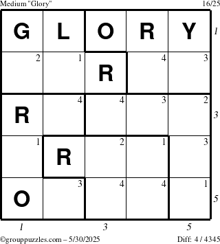 The grouppuzzles.com Medium Glory puzzle for Friday May 30, 2025 with all 4 steps marked