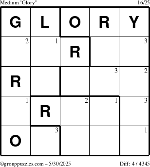 The grouppuzzles.com Medium Glory puzzle for Friday May 30, 2025 with the first 3 steps marked