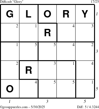 The grouppuzzles.com Difficult Glory puzzle for Friday May 30, 2025 with all 5 steps marked