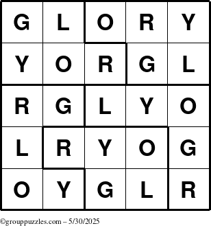 The grouppuzzles.com Answer grid for the Glory puzzle for Friday May 30, 2025