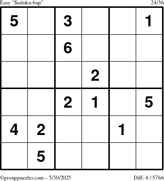 The grouppuzzles.com Easy Sudoku-6up puzzle for Friday May 30, 2025