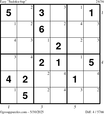 The grouppuzzles.com Easy Sudoku-6up puzzle for Friday May 30, 2025 with all 4 steps marked