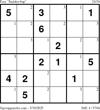 The grouppuzzles.com Easy Sudoku-6up puzzle for Friday May 30, 2025 with the first 3 steps marked