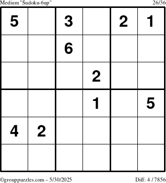The grouppuzzles.com Medium Sudoku-6up puzzle for Friday May 30, 2025