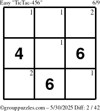The grouppuzzles.com Easy TicTac-456 puzzle for Friday May 30, 2025 with the first 2 steps marked