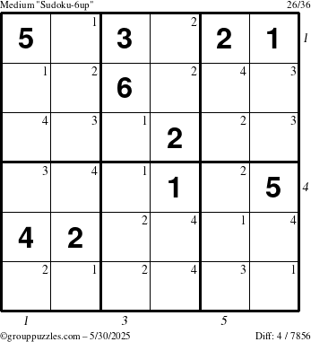 The grouppuzzles.com Medium Sudoku-6up puzzle for Friday May 30, 2025, suitable for printing, with all 4 steps marked