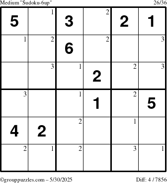 The grouppuzzles.com Medium Sudoku-6up puzzle for Friday May 30, 2025 with the first 3 steps marked
