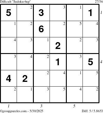 The grouppuzzles.com Difficult Sudoku-6up puzzle for Friday May 30, 2025 with all 5 steps marked