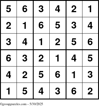 The grouppuzzles.com Answer grid for the Sudoku-6up puzzle for Friday May 30, 2025