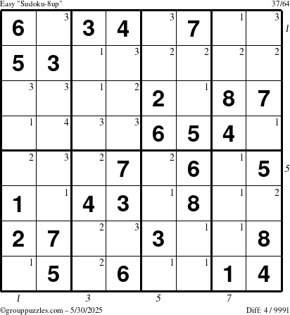 The grouppuzzles.com Easy Sudoku-8up puzzle for Friday May 30, 2025 with all 4 steps marked