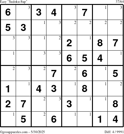 The grouppuzzles.com Easy Sudoku-8up puzzle for Friday May 30, 2025 with the first 3 steps marked