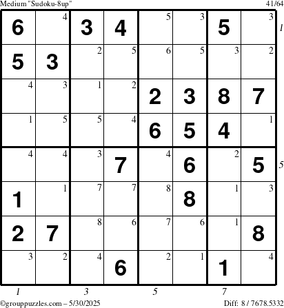 The grouppuzzles.com Medium Sudoku-8up puzzle for Friday May 30, 2025 with all 8 steps marked