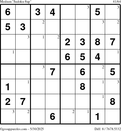 The grouppuzzles.com Medium Sudoku-8up puzzle for Friday May 30, 2025 with the first 3 steps marked