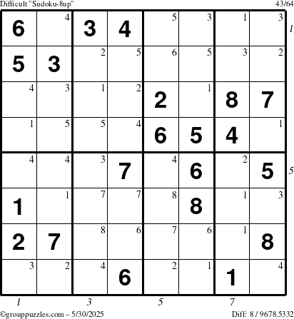 The grouppuzzles.com Difficult Sudoku-8up puzzle for Friday May 30, 2025 with all 8 steps marked