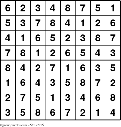 The grouppuzzles.com Answer grid for the Sudoku-8up puzzle for Friday May 30, 2025
