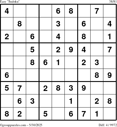 The grouppuzzles.com Easy Sudoku puzzle for Friday May 30, 2025