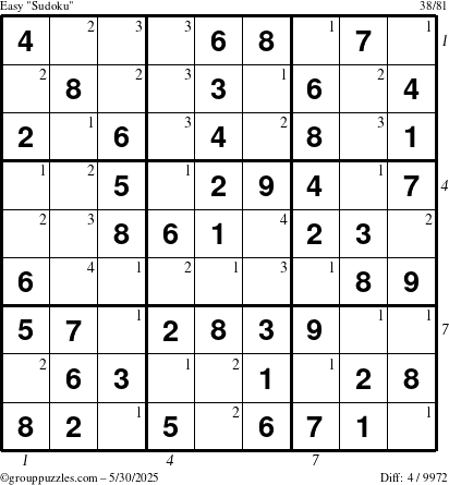 The grouppuzzles.com Easy Sudoku puzzle for Friday May 30, 2025 with all 4 steps marked