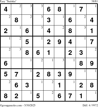 The grouppuzzles.com Easy Sudoku puzzle for Friday May 30, 2025 with the first 3 steps marked