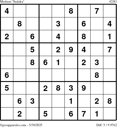 The grouppuzzles.com Medium Sudoku puzzle for Friday May 30, 2025