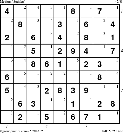 The grouppuzzles.com Medium Sudoku puzzle for Friday May 30, 2025 with all 5 steps marked