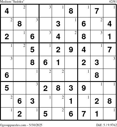 The grouppuzzles.com Medium Sudoku puzzle for Friday May 30, 2025 with the first 3 steps marked