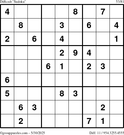 The grouppuzzles.com Difficult Sudoku puzzle for Friday May 30, 2025