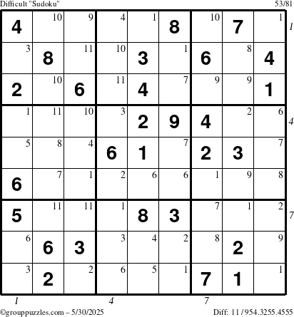 The grouppuzzles.com Difficult Sudoku puzzle for Friday May 30, 2025 with all 11 steps marked