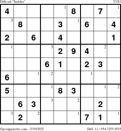 The grouppuzzles.com Difficult Sudoku puzzle for Friday May 30, 2025 with the first 3 steps marked