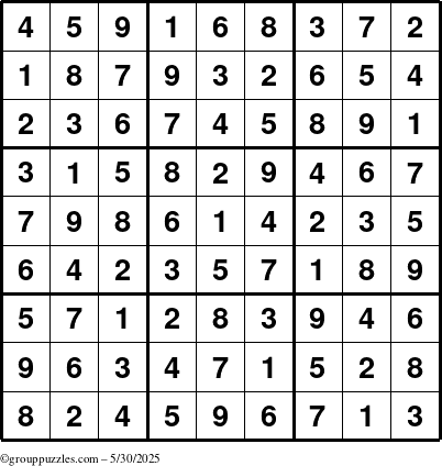 The grouppuzzles.com Answer grid for the Sudoku puzzle for Friday May 30, 2025