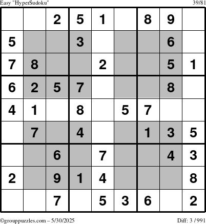 The grouppuzzles.com Easy HyperSudoku puzzle for Friday May 30, 2025