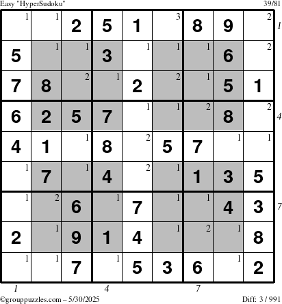 The grouppuzzles.com Easy HyperSudoku puzzle for Friday May 30, 2025 with all 3 steps marked