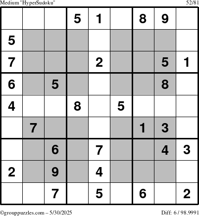 The grouppuzzles.com Medium HyperSudoku puzzle for Friday May 30, 2025