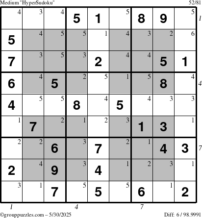 The grouppuzzles.com Medium HyperSudoku puzzle for Friday May 30, 2025, suitable for printing, with all 6 steps marked