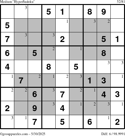 The grouppuzzles.com Medium HyperSudoku puzzle for Friday May 30, 2025 with the first 3 steps marked