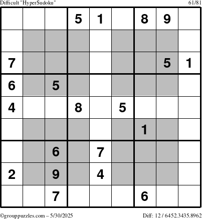 The grouppuzzles.com Difficult HyperSudoku puzzle for Friday May 30, 2025