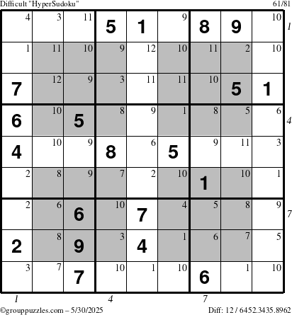 The grouppuzzles.com Difficult HyperSudoku puzzle for Friday May 30, 2025 with all 12 steps marked