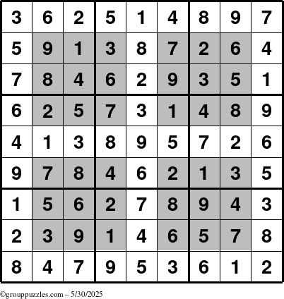 The grouppuzzles.com Answer grid for the HyperSudoku puzzle for Friday May 30, 2025