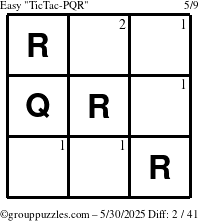 The grouppuzzles.com Easy TicTac-PQR puzzle for Friday May 30, 2025 with the first 2 steps marked