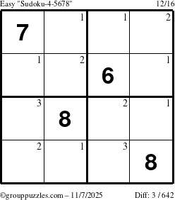 The grouppuzzles.com Easy Sudoku-4-5678 puzzle for Friday November 7, 2025 with the first 3 steps marked
