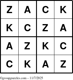 The grouppuzzles.com Answer grid for the Zack puzzle for Friday November 7, 2025
