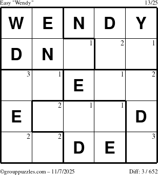 The grouppuzzles.com Easy Wendy puzzle for Friday November 7, 2025 with the first 3 steps marked