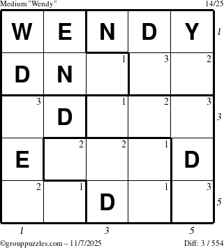 The grouppuzzles.com Medium Wendy puzzle for Friday November 7, 2025, suitable for printing, with all 3 steps marked