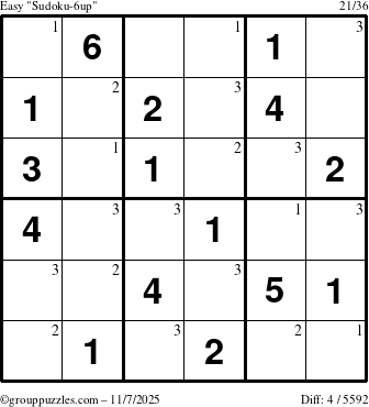 The grouppuzzles.com Easy Sudoku-6up puzzle for Friday November 7, 2025 with the first 3 steps marked