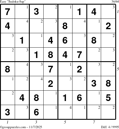 The grouppuzzles.com Easy Sudoku-8up puzzle for Friday November 7, 2025, suitable for printing, with all 4 steps marked