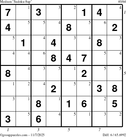 The grouppuzzles.com Medium Sudoku-8up puzzle for Friday November 7, 2025, suitable for printing, with all 6 steps marked