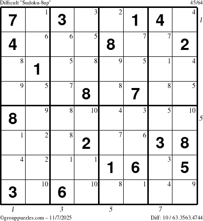The grouppuzzles.com Difficult Sudoku-8up puzzle for Friday November 7, 2025, suitable for printing, with all 10 steps marked
