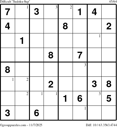 The grouppuzzles.com Difficult Sudoku-8up puzzle for Friday November 7, 2025 with the first 3 steps marked