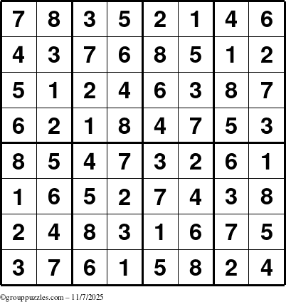 The grouppuzzles.com Answer grid for the Sudoku-8up puzzle for Friday November 7, 2025