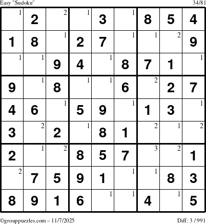 The grouppuzzles.com Easy Sudoku puzzle for Friday November 7, 2025 with the first 3 steps marked