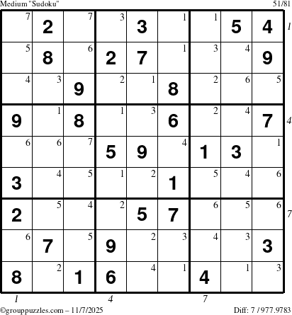 The grouppuzzles.com Medium Sudoku puzzle for Friday November 7, 2025 with all 7 steps marked